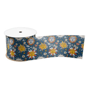 Zon en Maan Bloemmotief in Blauw en Geel Satijnen Lint