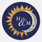 Zon en Maan Elegant Monogram Huwelijk Ronde Sticker (Voorkant)