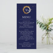 Zon en Maan Elegant Monogram Trouwdiner Menu (Staand voorkant)