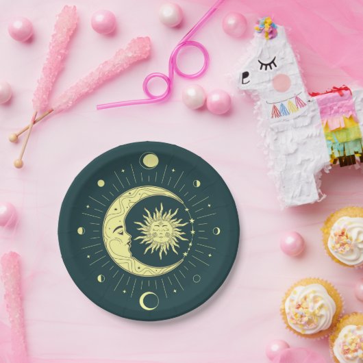 Zon en maan hemelontwerp met maanfasen papieren bordje (Feest)