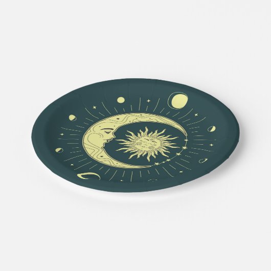 Zon en maan hemelontwerp met maanfasen papieren bordje (Gekanteld)