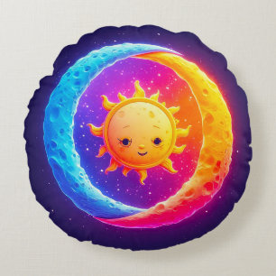 Zon en Maan in Stellaire Harmonie Whimsical Rond Kussen