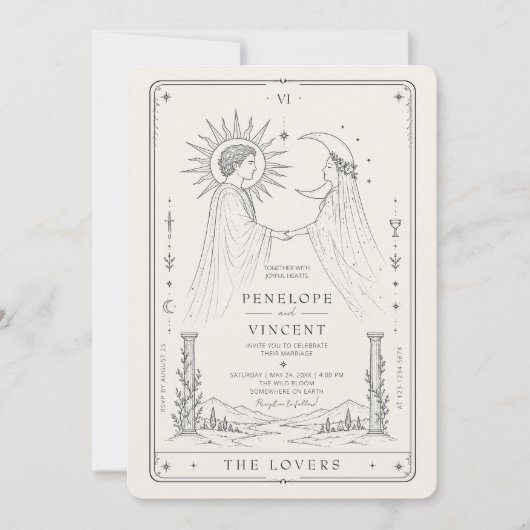 Zon en Maan | Lijnkunst Tarot Trouw Uitnodiging (Voorkant)
