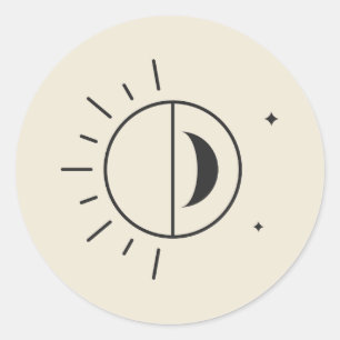 Zon en Maan Minimalistische Lijntekening Ronde Sticker