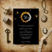 Zon en Maan Monogram Slanke Zwarte Huwelijk Kaart