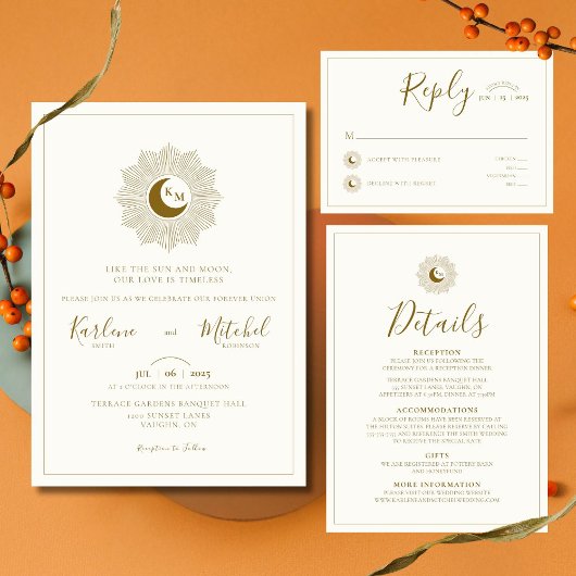 Zon en maan tijdloze bruiloft uitnodiging