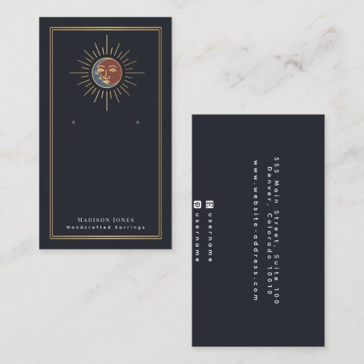 Zon en Maan Witchy Stud Oorbel Display Visitekaartje (Voorkant / Achterkant)