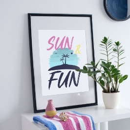 Zon en plezier. Zomer illustratie. Poster
