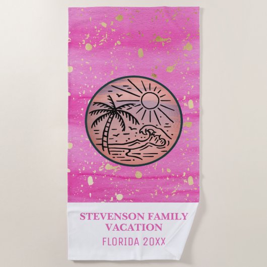 Zon en vun Familie Vacation Palm Tree Pink Gold Strandlaken (Voorkant)