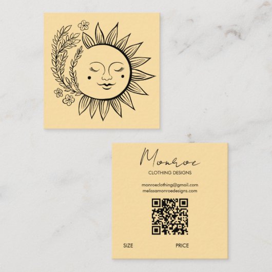 Zon Florale Boho Lijn Kunst QR Code AANPASBARE HAN Vierkante Visitekaartje (Voorkant / Achterkant)