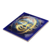 zon - gezicht / maan gezicht donkerblauwe tegel tegeltje (Zijkant)