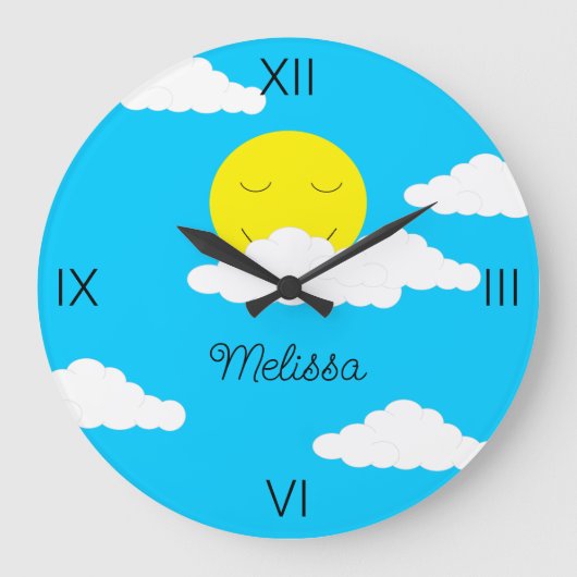 Zon glimlachen met Puffy Clouds Grote Klok (Voorkant)