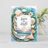 zon grillige strand bruiloft save the date (Staand voorkant)