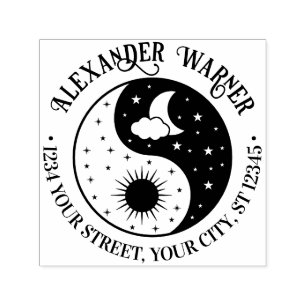 Zon Halve Maan Sterren Yin Yang Naam Ret Adres Zelfinktende Stempel