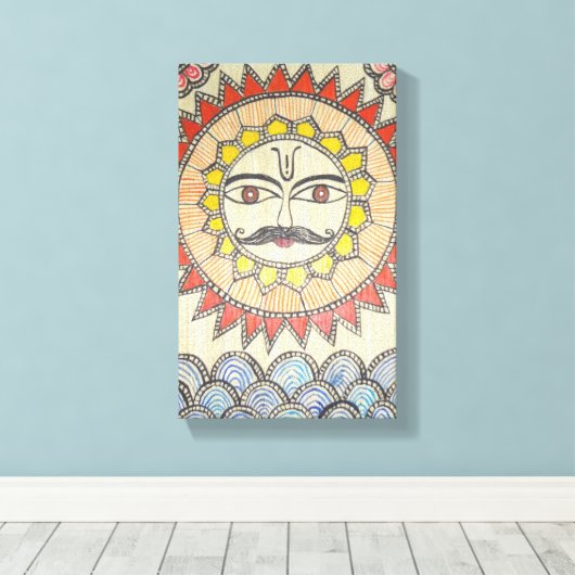 Zon in Madhubani schilderstijl Canvas Afdruk (Insitu (Houten vloer))