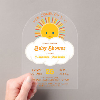 Zon Jongen Baby Shower Hier Komt de Zoon Wolk Scha Acryl Uitnodigingen