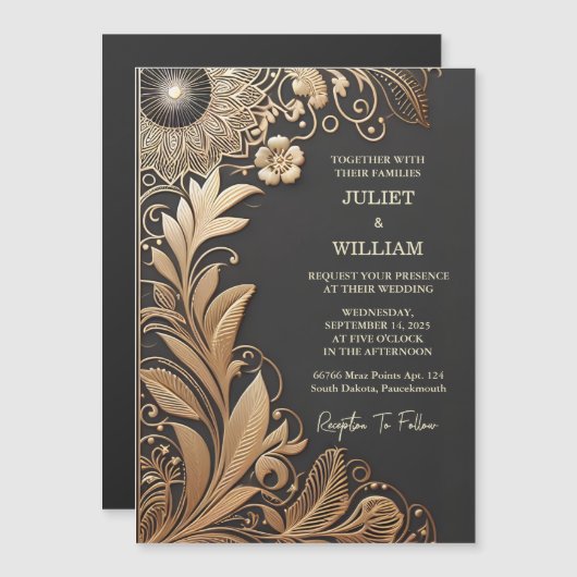 Zon  Kant Bloemen Gouden Folie In reliëf gemaakt B Magnetische Uitnodiging (Voorkant / Achterkant)