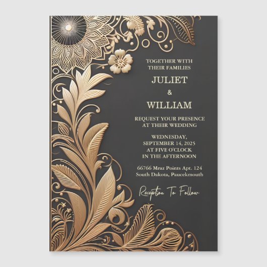 Zon  Kant Bloemen Gouden Folie In reliëf gemaakt B Magnetische Uitnodiging (Voorkant)