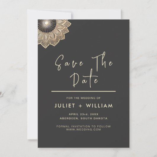 Zon Kant Bloemen Gouden Folie In reliëf gemaakt B Save The Date (Voorkant)