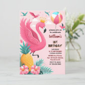 zon Luau Fly Pink Flamingo Zwembad Party 1e verjaa Kaart (Staand voorkant)