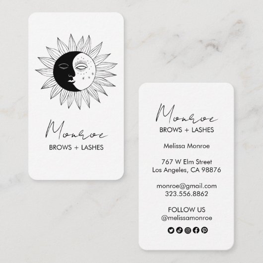 Zon & Maan Boho Line Art Elegante B&W Social Icon Visitekaartje (Voorkant / Achterkant)