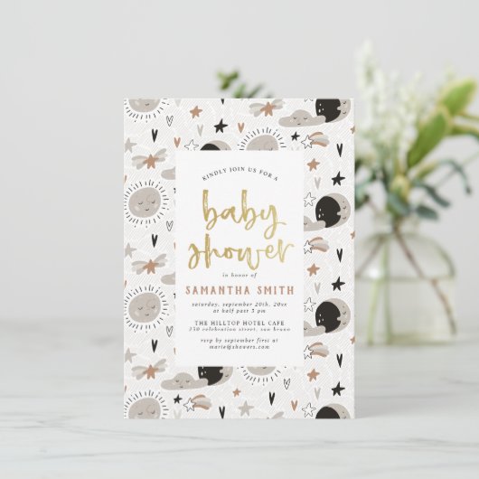 Zon, maan en sterren Goud Geel Neutraal Baby showe Kaart (Staand voorkant)