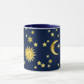 Zon, maan en sterren op donkerblauw mok (Midden)