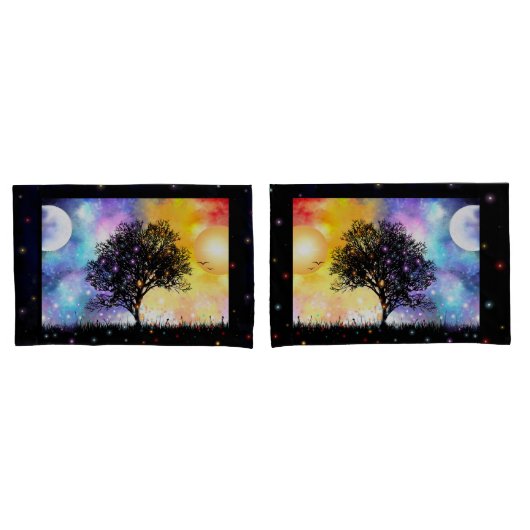 zon maan kosmische zonsondergang met zwarte boom kussensloop (Voorkant-Set)