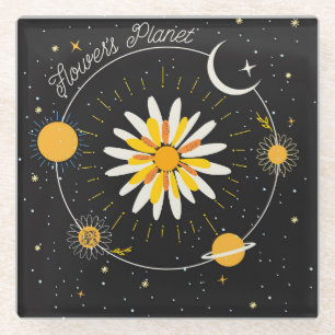 Zon Maan Planeten: Grafische Bloemen Kunst Glazen Onderzetter