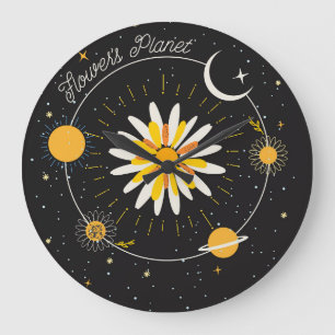 Zon Maan Planeten: Grafische Bloemen Kunst Grote Klok