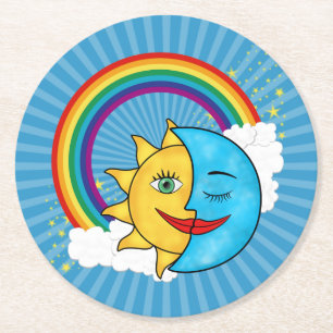 Zon Maan Regenboog Hemels thema Ronde Kartonnen Onderzetter