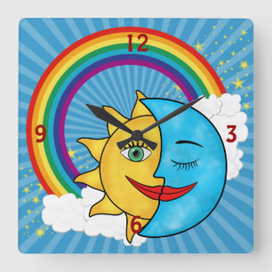 Zon Maan Regenboog Sterren Vierkante Klok
