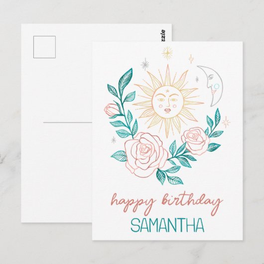 Zon Maan & Rozen Boho Magische VERJAARDAG MET NAAM Briefkaart (Voorkant / Achterkant)