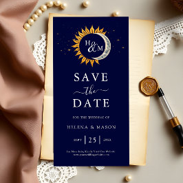 Zon Maan Sterren Monogram Navy Blauwe Trouw Save The Date