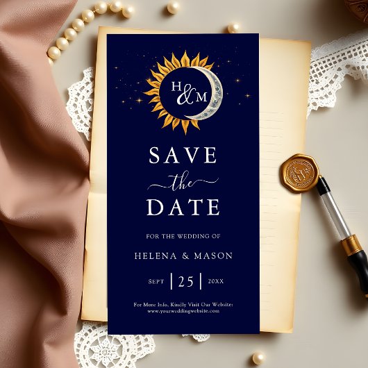 Zon Maan Sterren Monogram Navy Blauwe Trouw Save The Date
