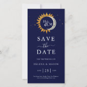 Zon Maan Sterren Monogram Navy Blauwe Trouw Save The Date (Voorkant)