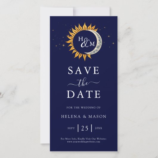 Zon Maan Sterren Monogram Navy Blauwe Trouw Save The Date (Voorkant)