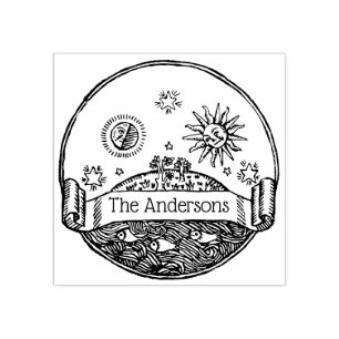  zon maan sterren oceaan aarde tekening naam rubberstempel