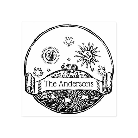  zon maan sterren oceaan aarde tekening naam rubberstempel (Afrduk)