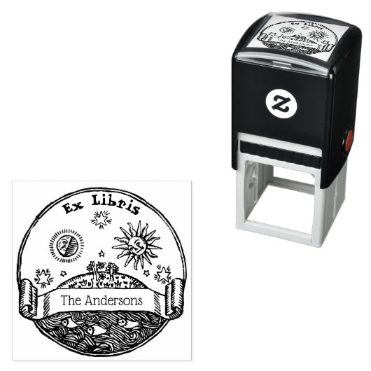 Zon Maan Sterren Ocean Earth Ex Libris Zelfinktende Stempel (In situ)