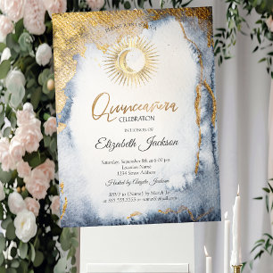Zon, Maan, Sterren Waterverf Goud Quinceanera Kaart