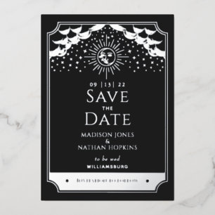 Zon Maan Tarot Trouwdag Zilver Zwart Save the Date Folie Uitnodiging