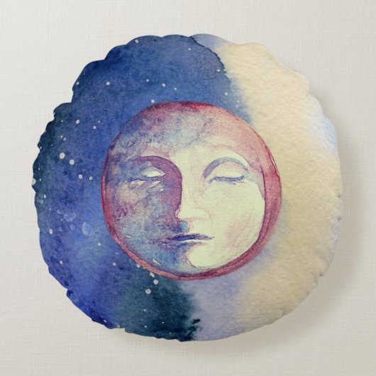 Zon Maan Waterverf Schattige  Witchy Celestial Rond Kussen (Voorkant)