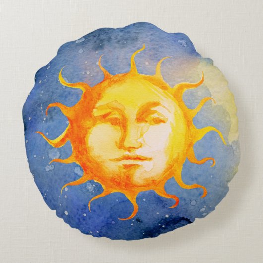 Zon Maan Waterverf Schattige  Witchy Celestial Rond Kussen (Achterkant)