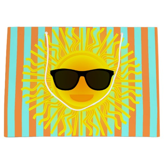 Zon met Donkere Zonnebril op Aqua & Oranje Strepen Groot Cadeauzakje (Voorkant)