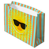 Zon met Donkere Zonnebril op Aqua & Oranje Strepen Groot Cadeauzakje (Achterkant Gekanteld)