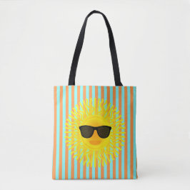 Zon met donkere zonnebrillen op Aqua & Oranje Stri Tote Bag