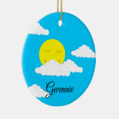 Zon met gezwollen wolken: turquoise keramisch ornament (Rechts)