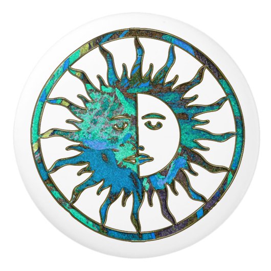 ZON & MOON blauw groen + uw achtergrond Keramische Knop (Voorkant)