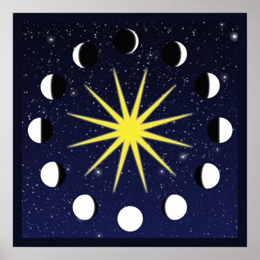 Zon, Moon Phases en Stars Poster (Voorkant)